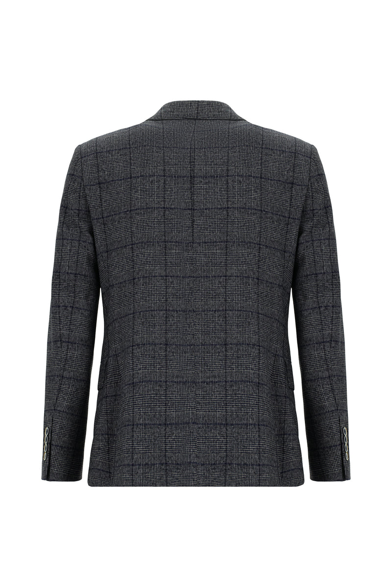 Açık Lacivert Slim Fit Dar Kesim İtalyan Ekose Yünlü Ceket