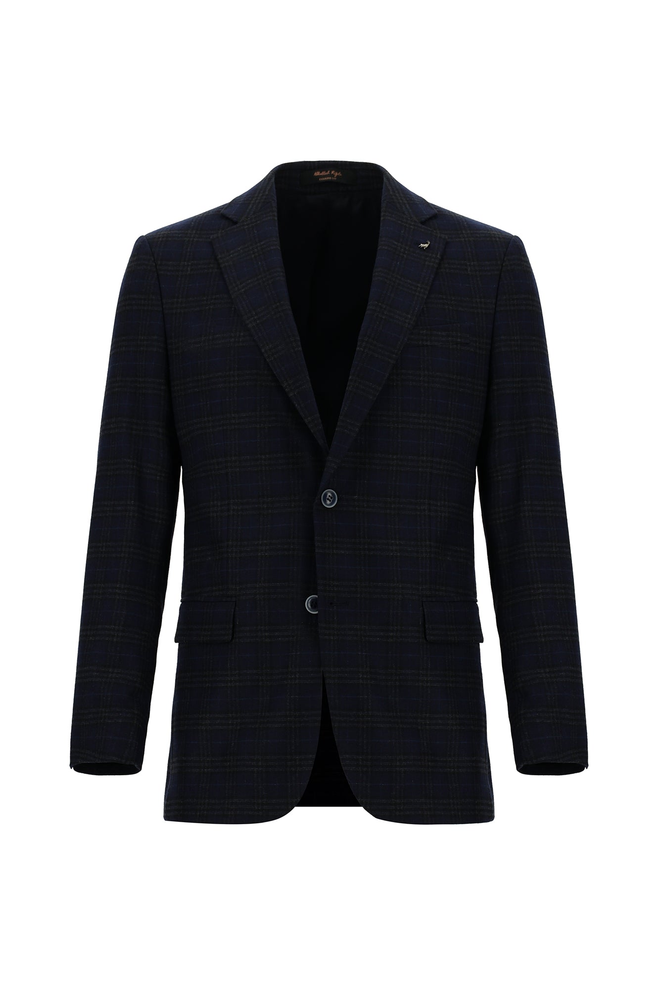 Koyu Lacivert Regular Fit Yünlü Ekose Ceket