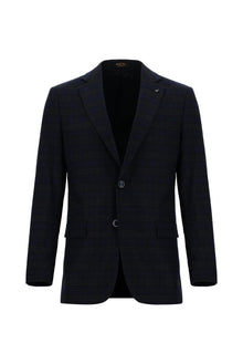 Koyu Lacivert Regular Fit Yünlü Ekose Ceket