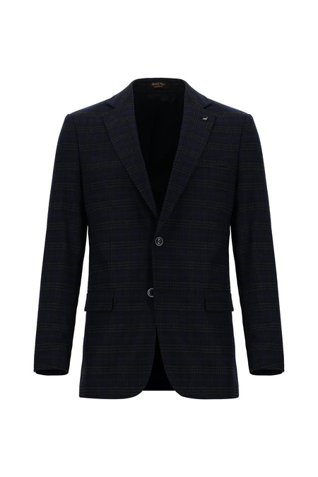 Koyu Lacivert Regular Fit Yünlü Ekose Ceket