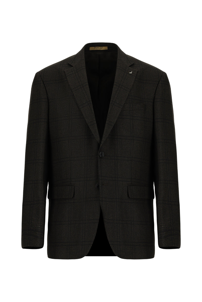 Koyu Kahve Relaxed Fit Rahat Kesim Ekose Yünlü Ceket