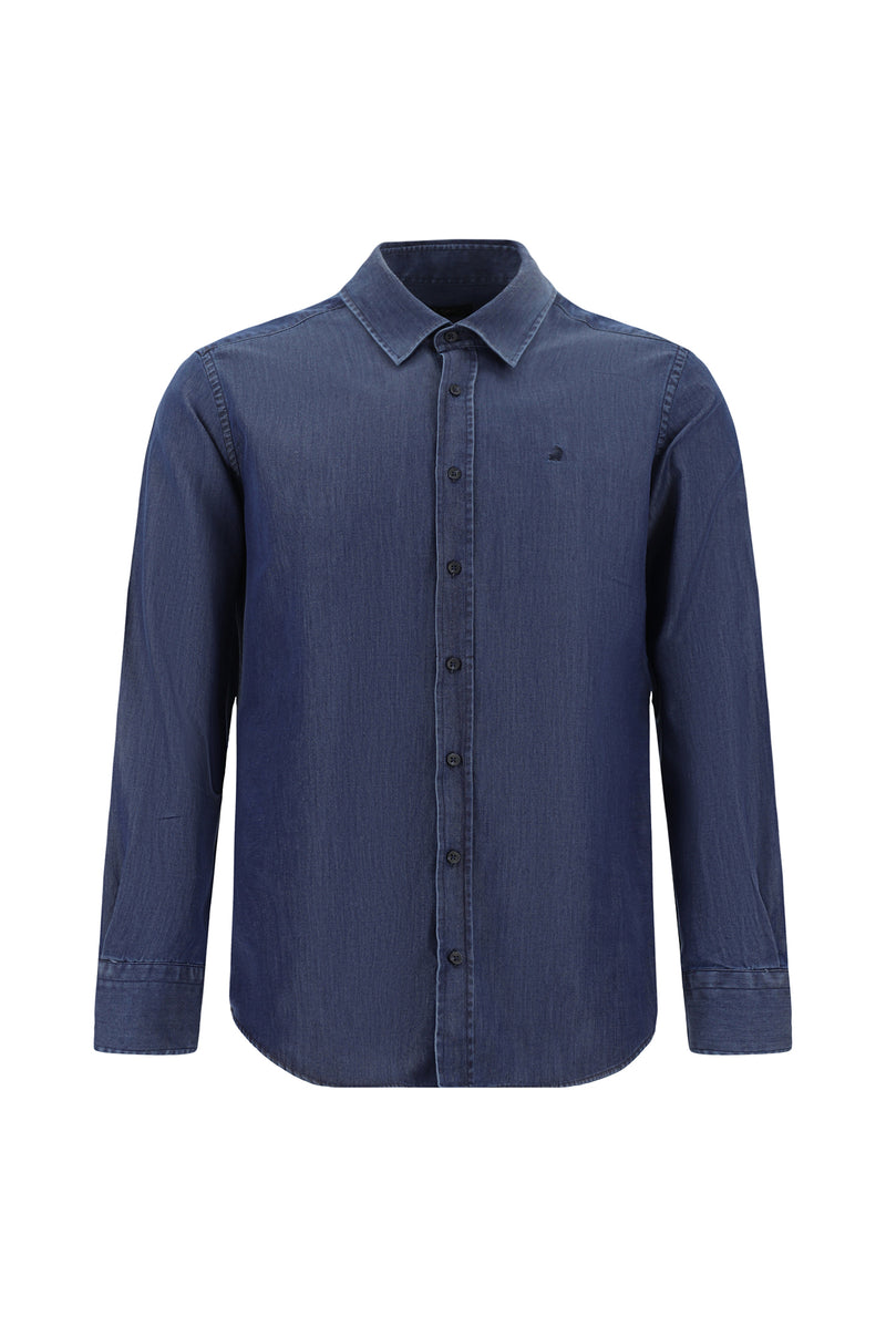 Koyu Lacivert Uzun Kol Slim Fit Dar Kesim Spor Pamuklu Gömlek
