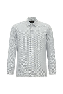 Orta Lacivert Uzun Kol Slim Fit Dar Kesim Baskılı Pamuk Gömlek