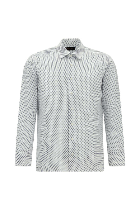 Orta Lacivert Uzun Kol Slim Fit Dar Kesim Baskılı Pamuk Gömlek