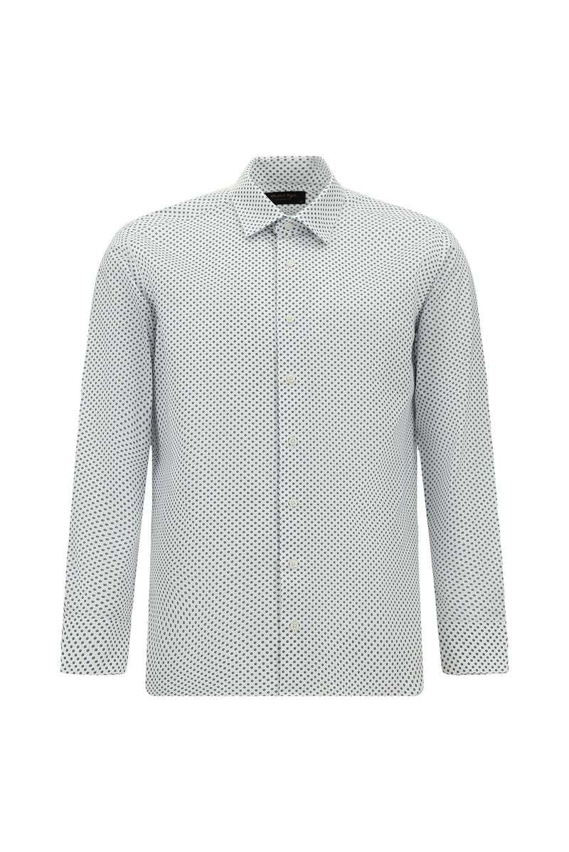 Orta Lacivert Uzun Kol Slim Fit Dar Kesim Baskılı Pamuk Gömlek
