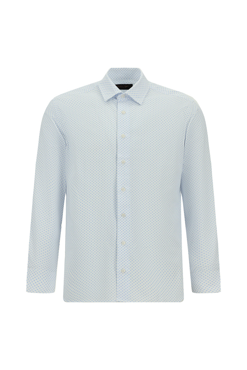 Açık Mavi Uzun Kol Slim Fit Dar Kesim Baskılı Pamuk Gömlek