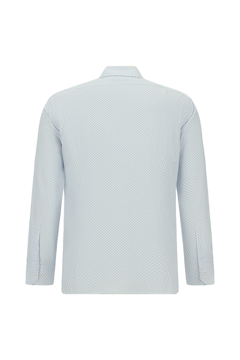 Açık Mavi Uzun Kol Slim Fit Dar Kesim Baskılı Pamuk Gömlek