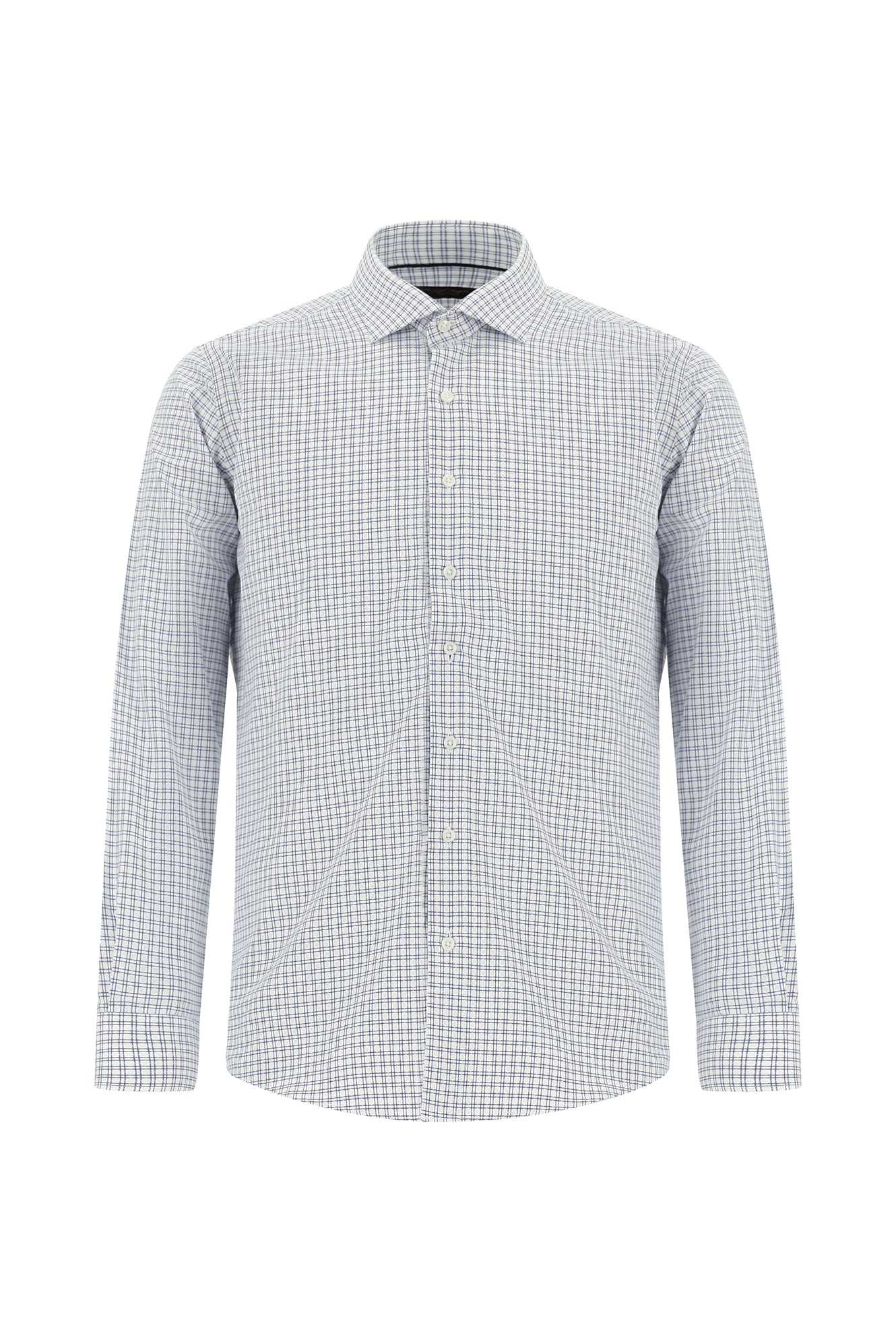 Orta Lacivert Uzun Kol Slim Fit Dar Kesim Ekose Pamuk Gömlek