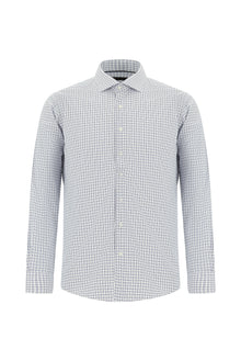Orta Lacivert Uzun Kol Slim Fit Dar Kesim Ekose Pamuk Gömlek