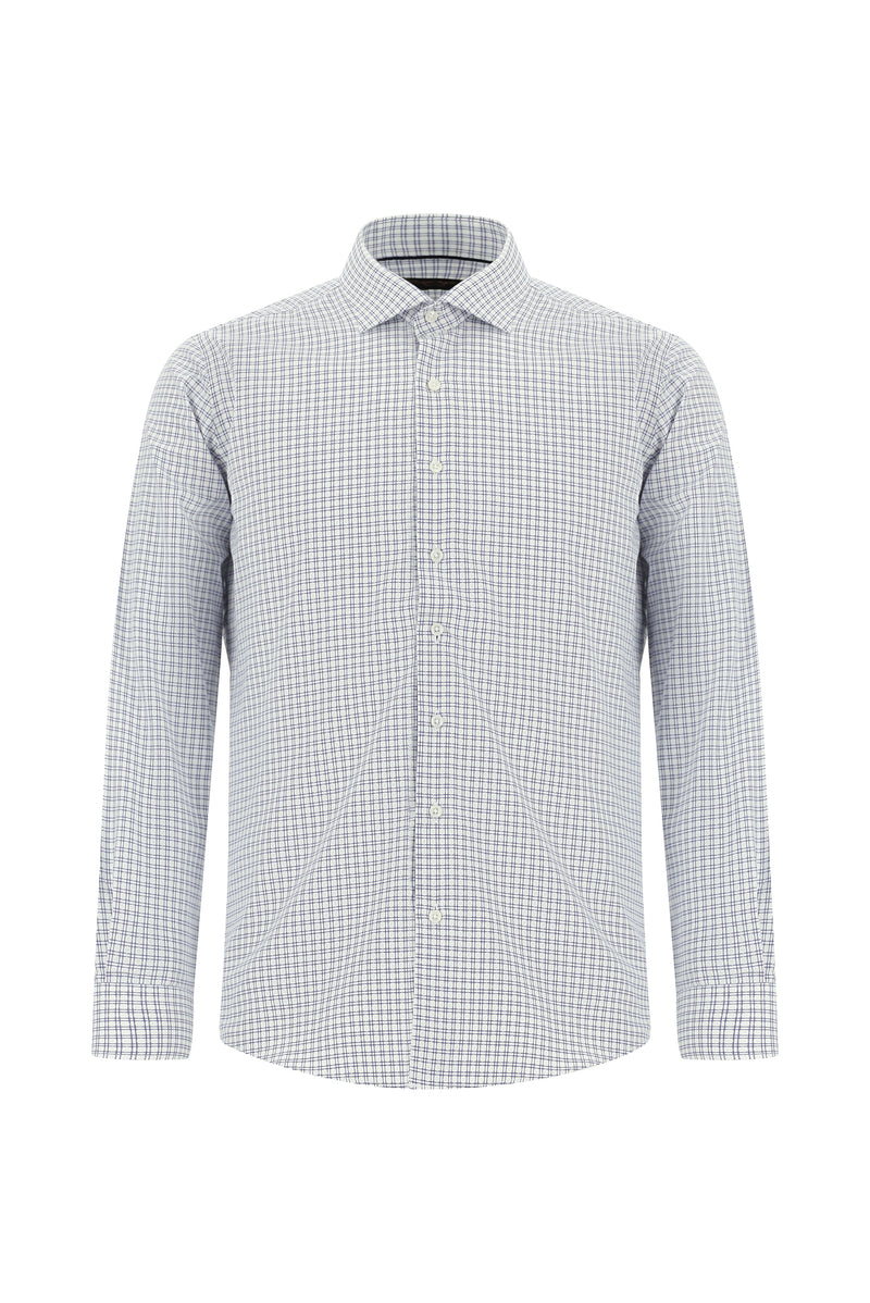 Orta Lacivert Uzun Kol Slim Fit Dar Kesim Ekose Pamuk Gömlek