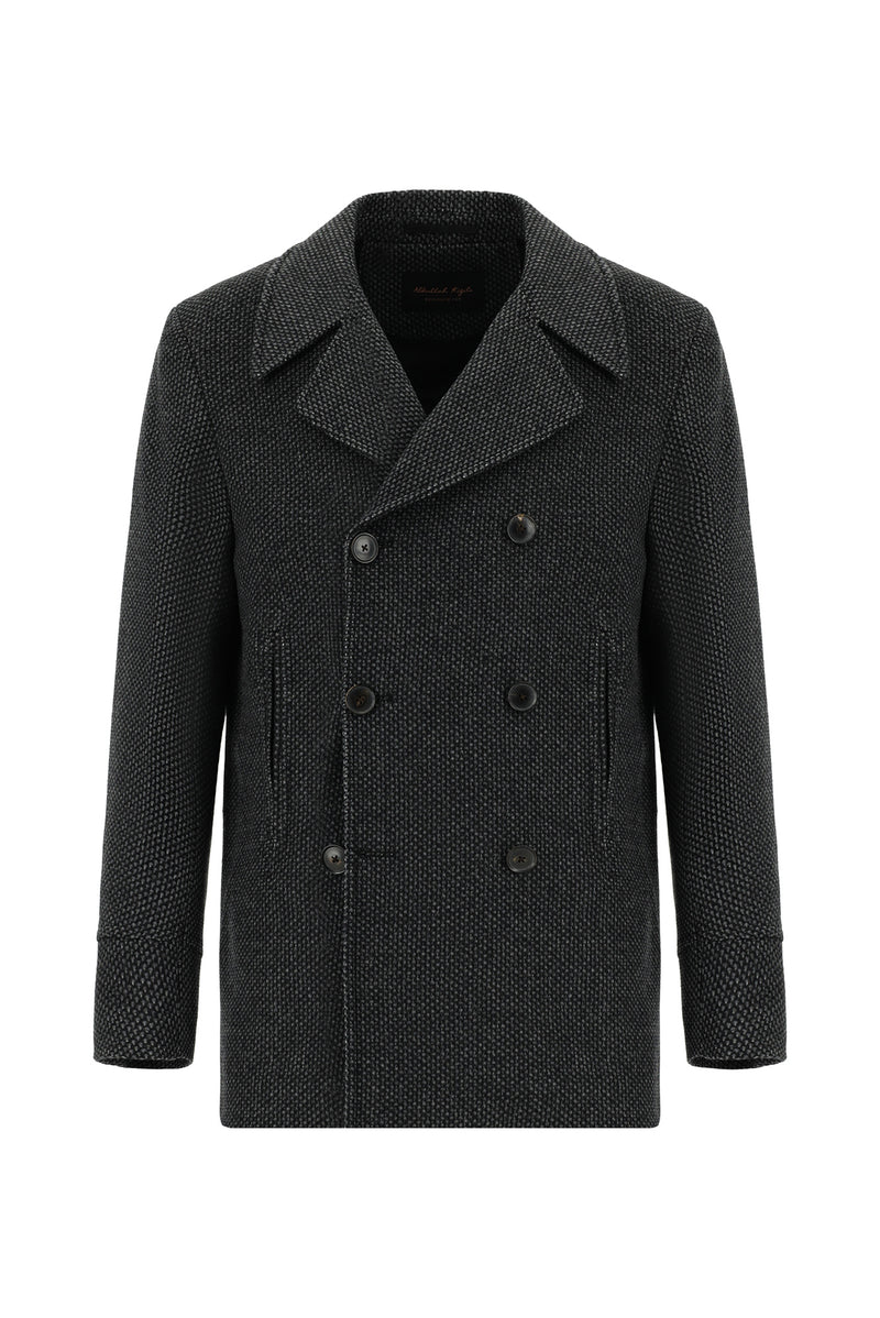 Siyah Desenli Yünlü Kaşmirli Kruvaze Kaban