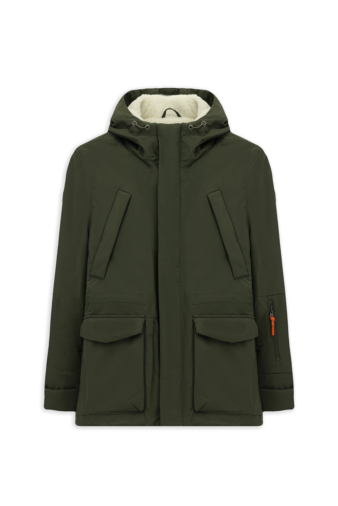 Orta Haki Kapüşonlu Cepli Fermuarlı Polarlı Rüzgar Geçirmez İtalyan Spor Şişme Kaban