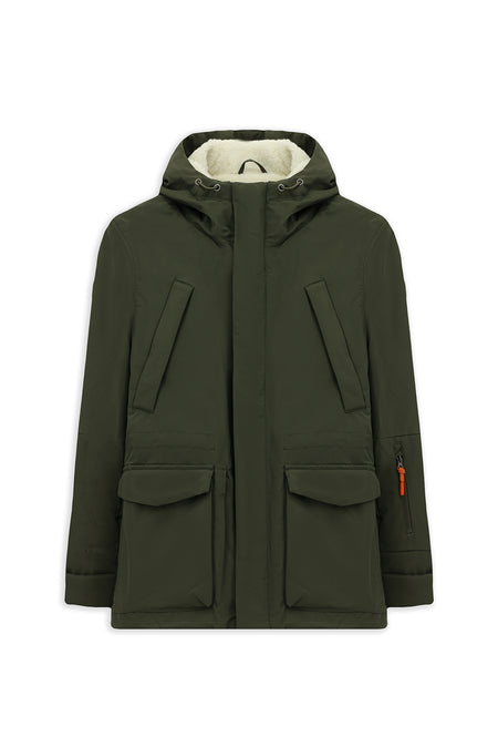 Orta Haki Kapüşonlu Cepli Fermuarlı Polarlı Rüzgar Geçirmez İtalyan Spor Şişme Kaban