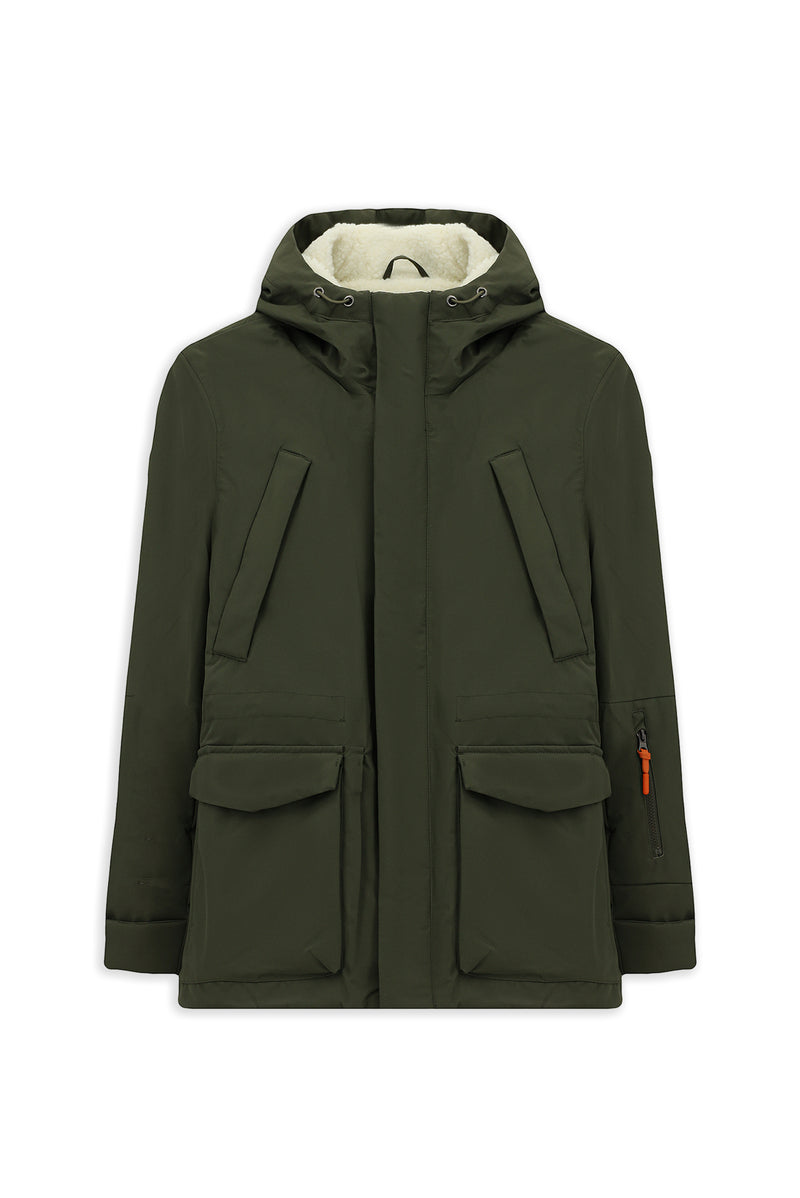 Orta Haki Kapüşonlu Cepli Fermuarlı Polarlı Rüzgar Geçirmez İtalyan Spor Şişme Kaban