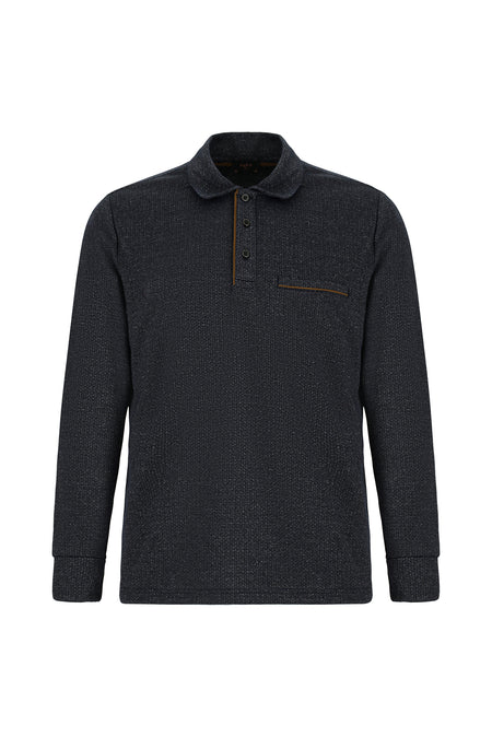 Koyu Lacivert Polo Yaka Regular Fit Desenli Sweatshirt