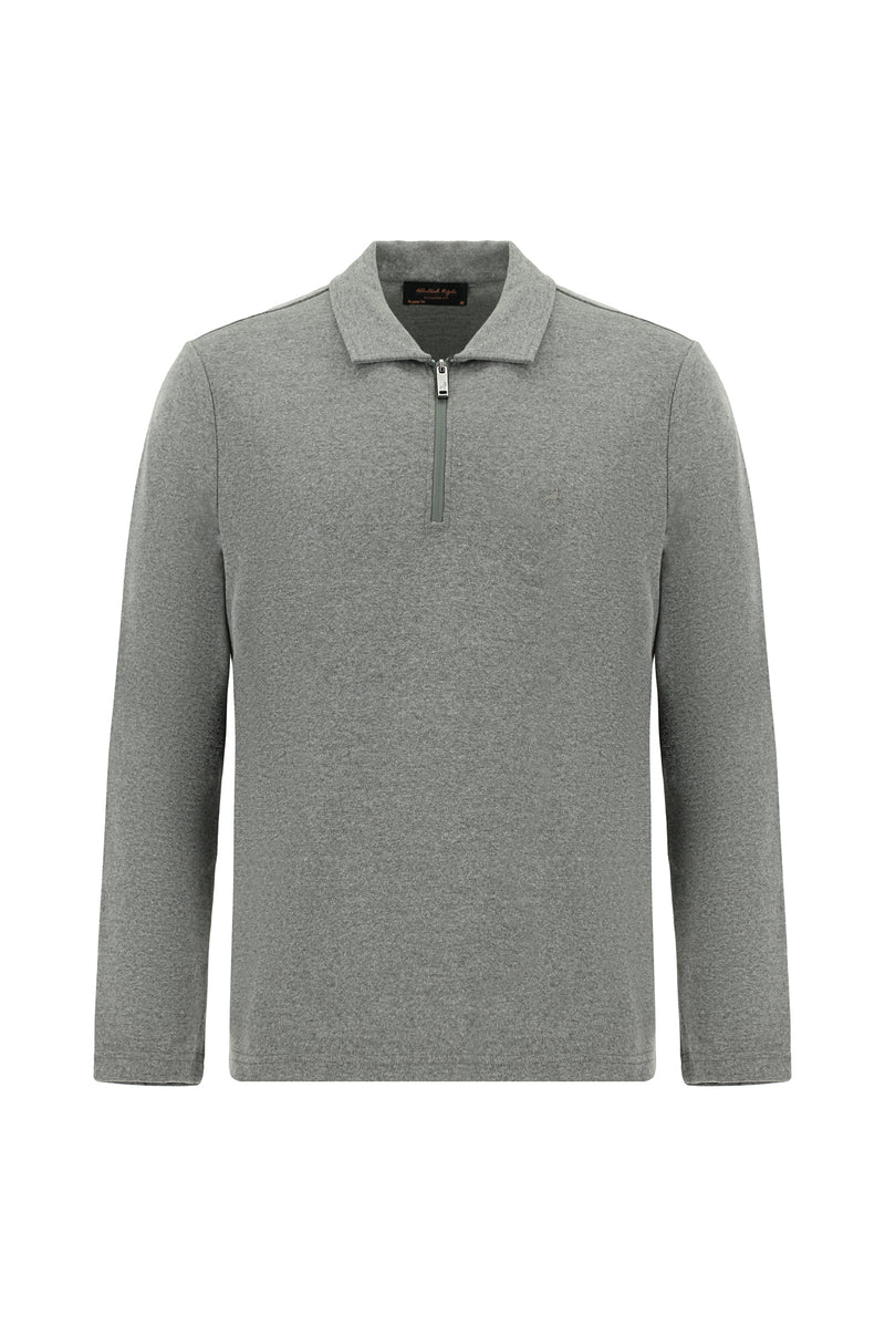 Orta Gri Melanj Polo Yaka Regular Fit Fermuarlı Nakışlı Pamuklu Sweatshirt