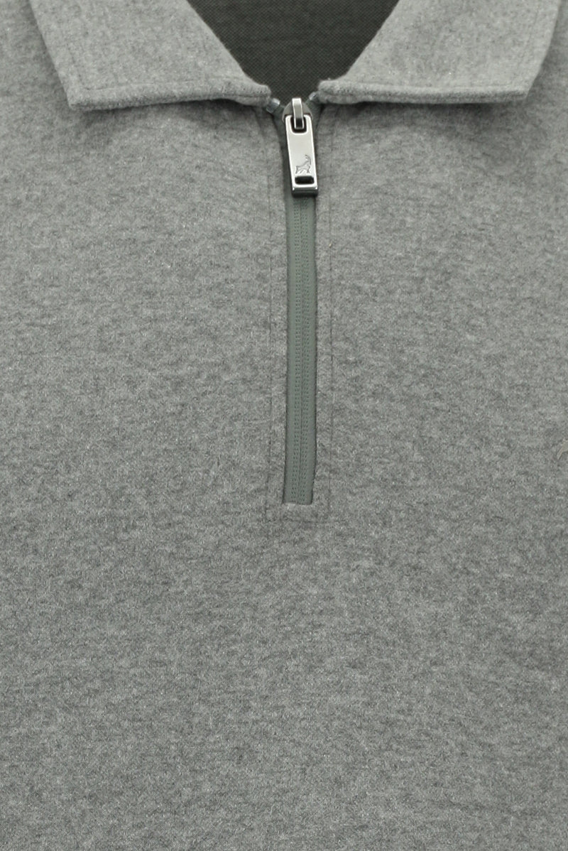 Orta Gri Melanj Polo Yaka Regular Fit Fermuarlı Nakışlı Pamuklu Sweatshirt