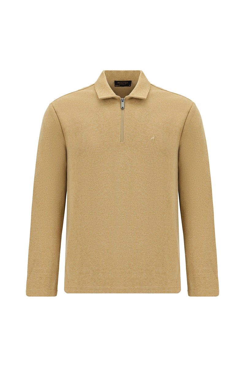 Orta Bej Polo Yaka Regular Fit Fermuarlı Nakışlı Pamuklu Sweatshirt