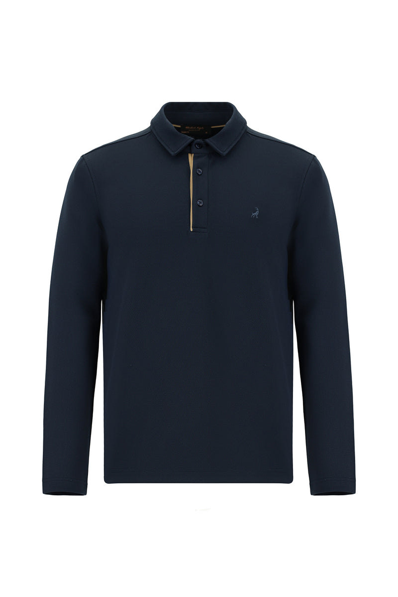 Orta Lacivert Polo Yaka Regular Fit Desenli Sweatshirt