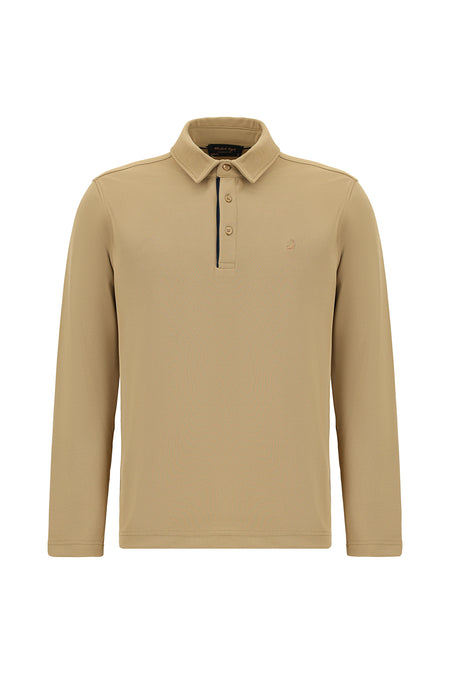 Orta Bej Polo Yaka Regular Fit Desenli Sweatshirt
