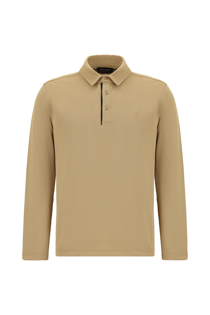 Orta Bej Polo Yaka Regular Fit Desenli Sweatshirt