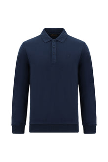Koyu Lacivert Polo Yaka Regular Fit Nakışlı Pamuklu Sweatshirt