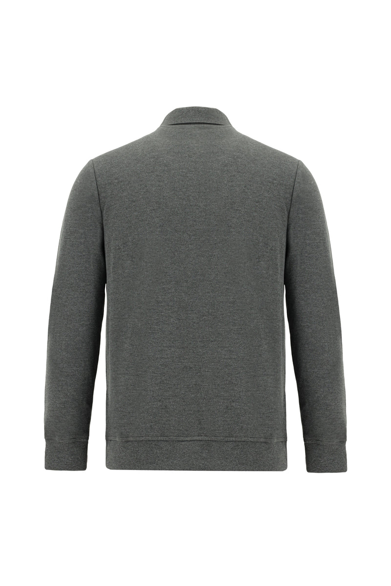Koyu Antrasit Melanj Polo Yaka Regular Fit Nakışlı Pamuklu Sweatshirt