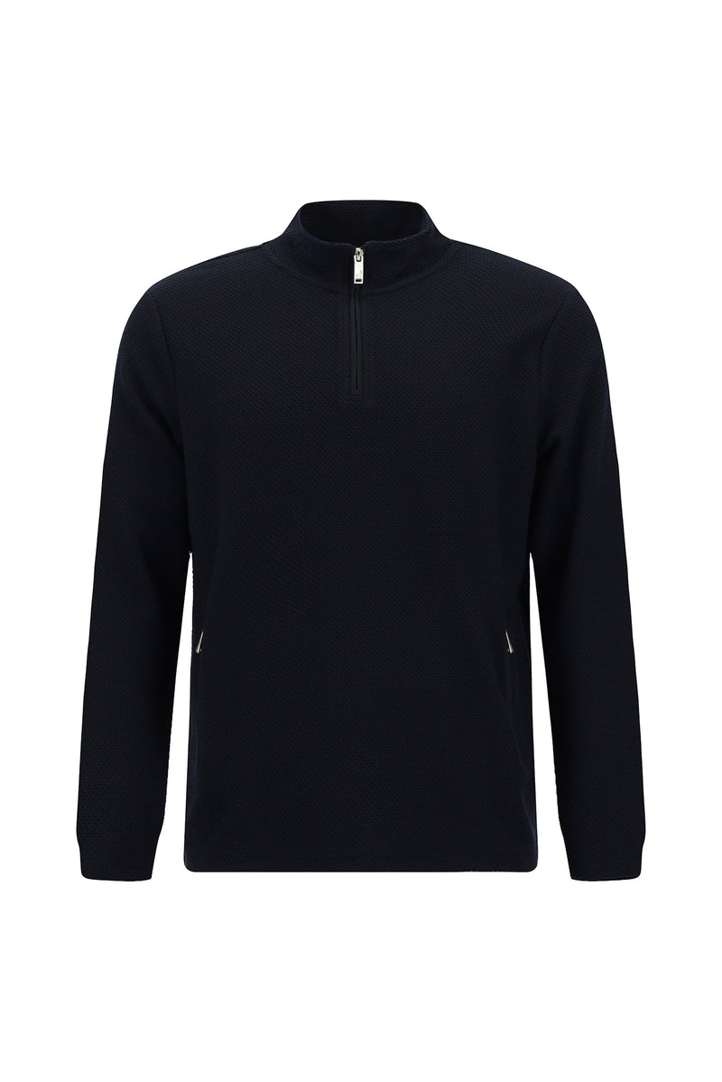 Koyu Lacivert Yarım Balıkçı Yaka Regular Fit Fermuarlı Desenli Sweatshirt