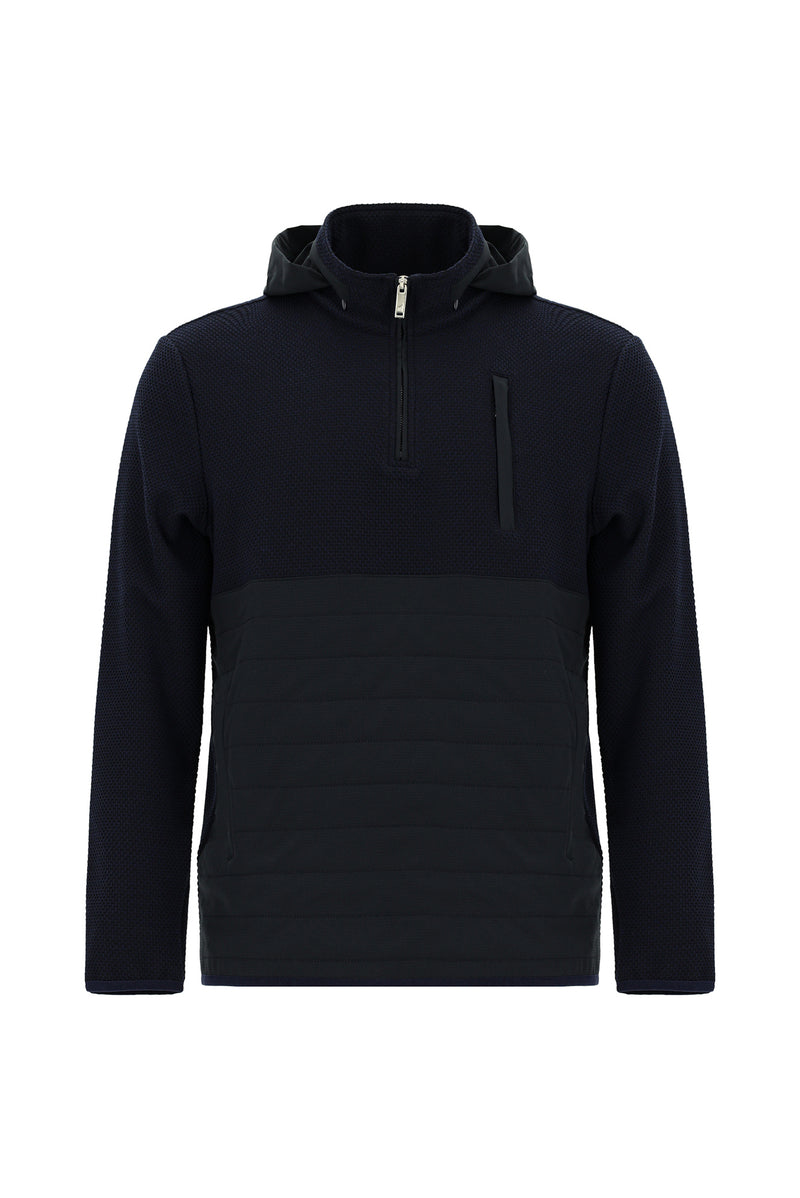 Koyu Lacivert Kapüşonlu Regular Fit Desenli Fermuarlı Sweatshirt