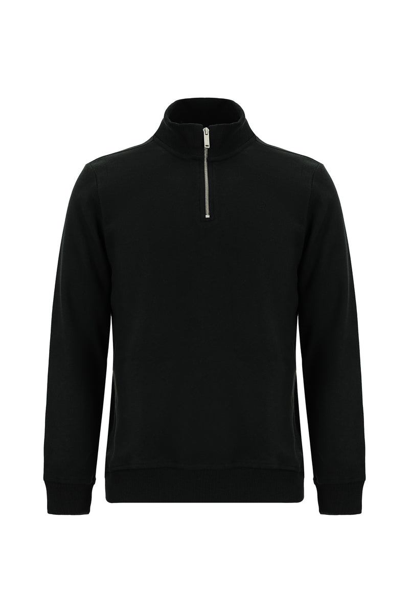 Siyah Bato Yaka Regular Fit Pamuklu Fermuarlı Sweatshirt