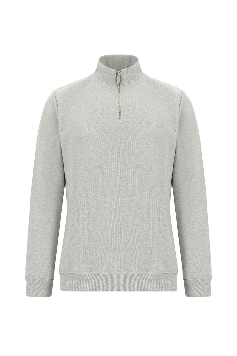 Orta Gri Melanj Bato Yaka Regular Fit Pamuklu Fermuarlı Sweatshirt