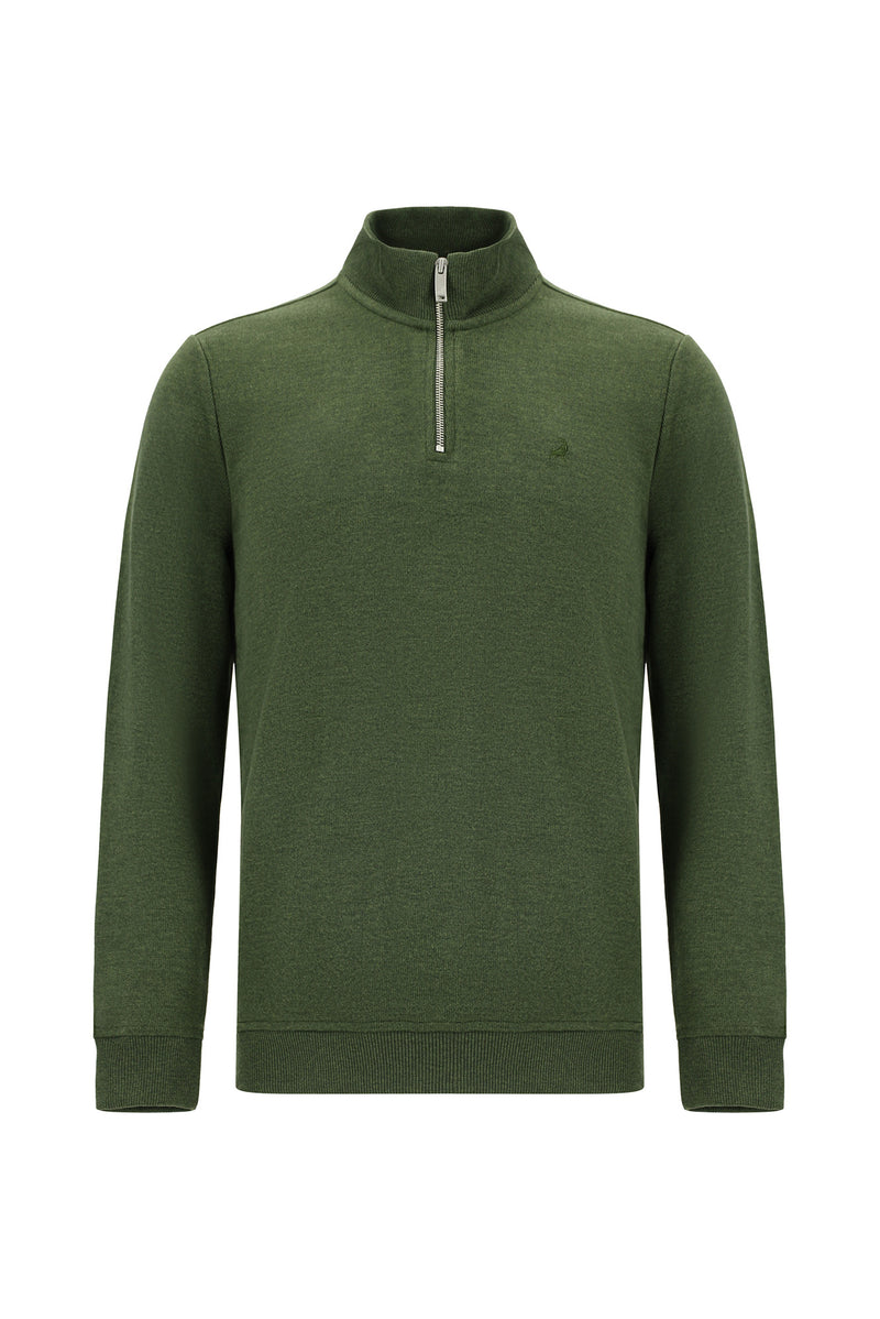 Orta Haki Melanj Yarım Balıkçı Yaka Regular Fit Pamuklu Fermuarlı Sweatshirt