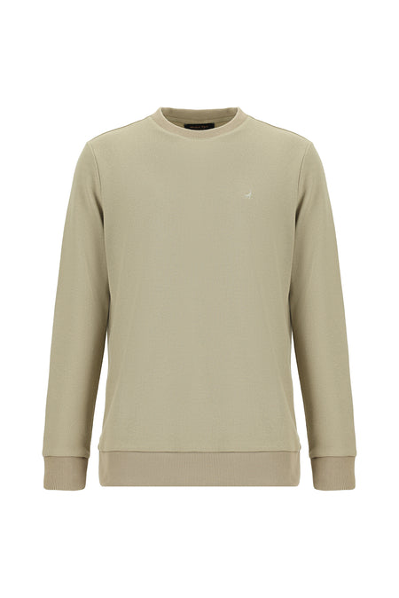 Orta Bej Bisiklet Yaka Regular Fit Pamuklu Nakışlı Sweatshirt