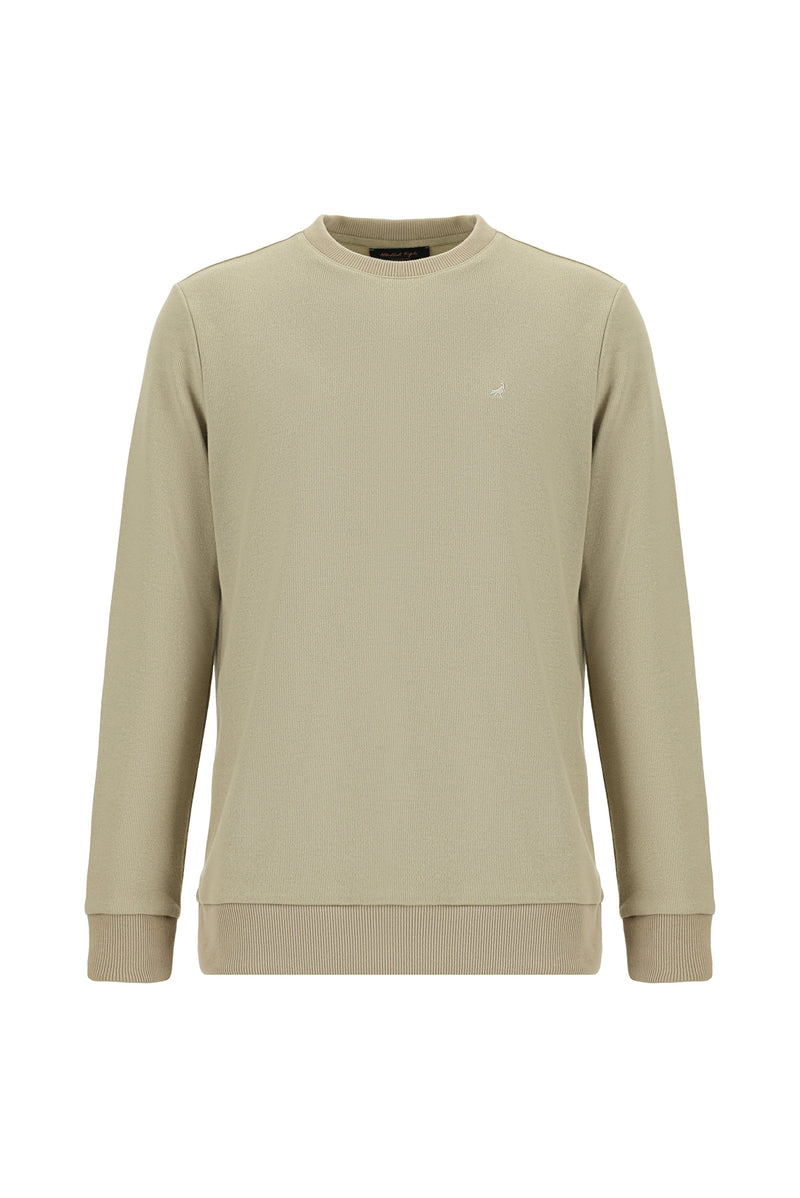 Orta Bej Bisiklet Yaka Regular Fit Pamuklu Nak??l? Sweatshirt-Abdullah Ki??l?