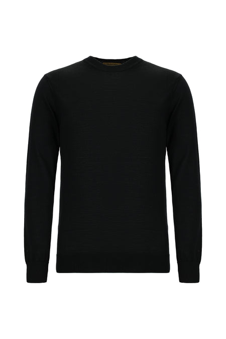 Siyah Bisiklet Yaka Regular Fit Yünlü İtalyan Triko Kazak