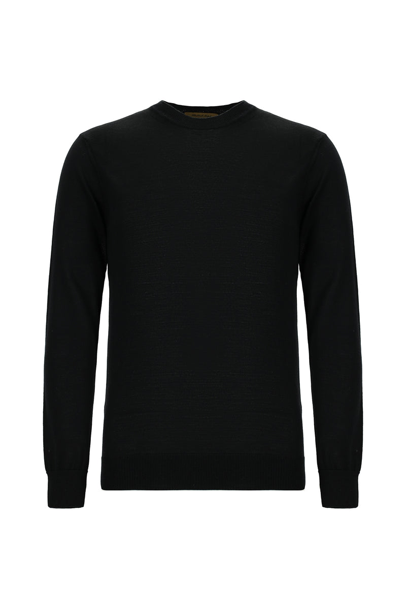 Siyah Bisiklet Yaka Regular Fit Yünlü İtalyan Triko Kazak