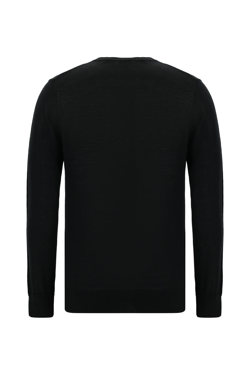 Siyah Bisiklet Yaka Regular Fit Yünlü İtalyan Triko Kazak