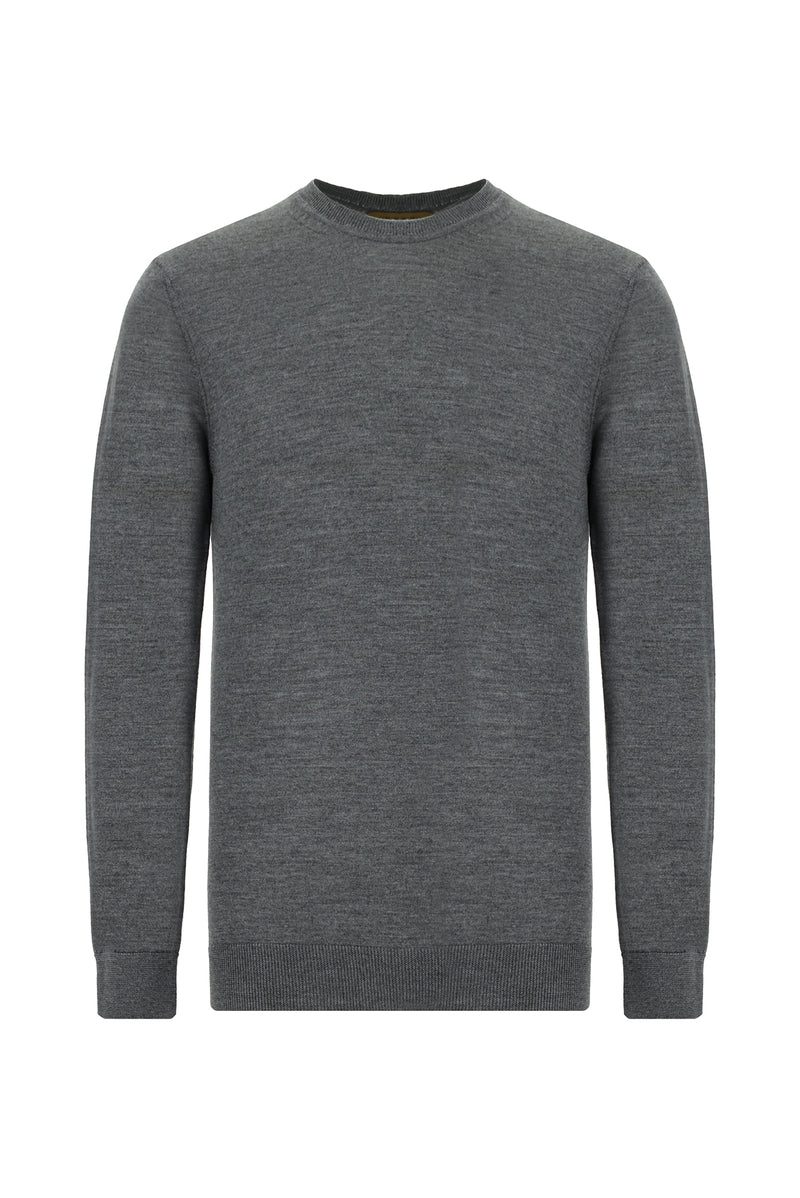 Orta Gri Melanj Bisiklet Yaka Regular Fit Yünlü İtalyan Triko Kazak