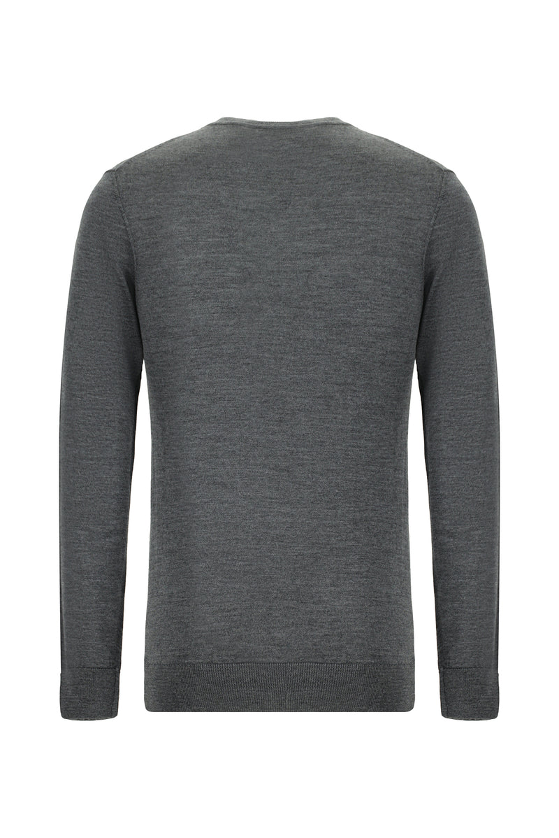 Orta Gri Melanj Bisiklet Yaka Regular Fit Yünlü İtalyan Triko Kazak