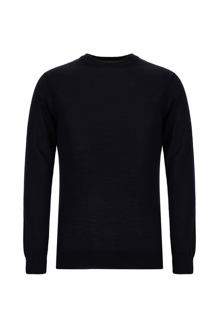 Koyu Lacivert Bisiklet Yaka Regular Fit Yünlü İtalyan Triko Kazak