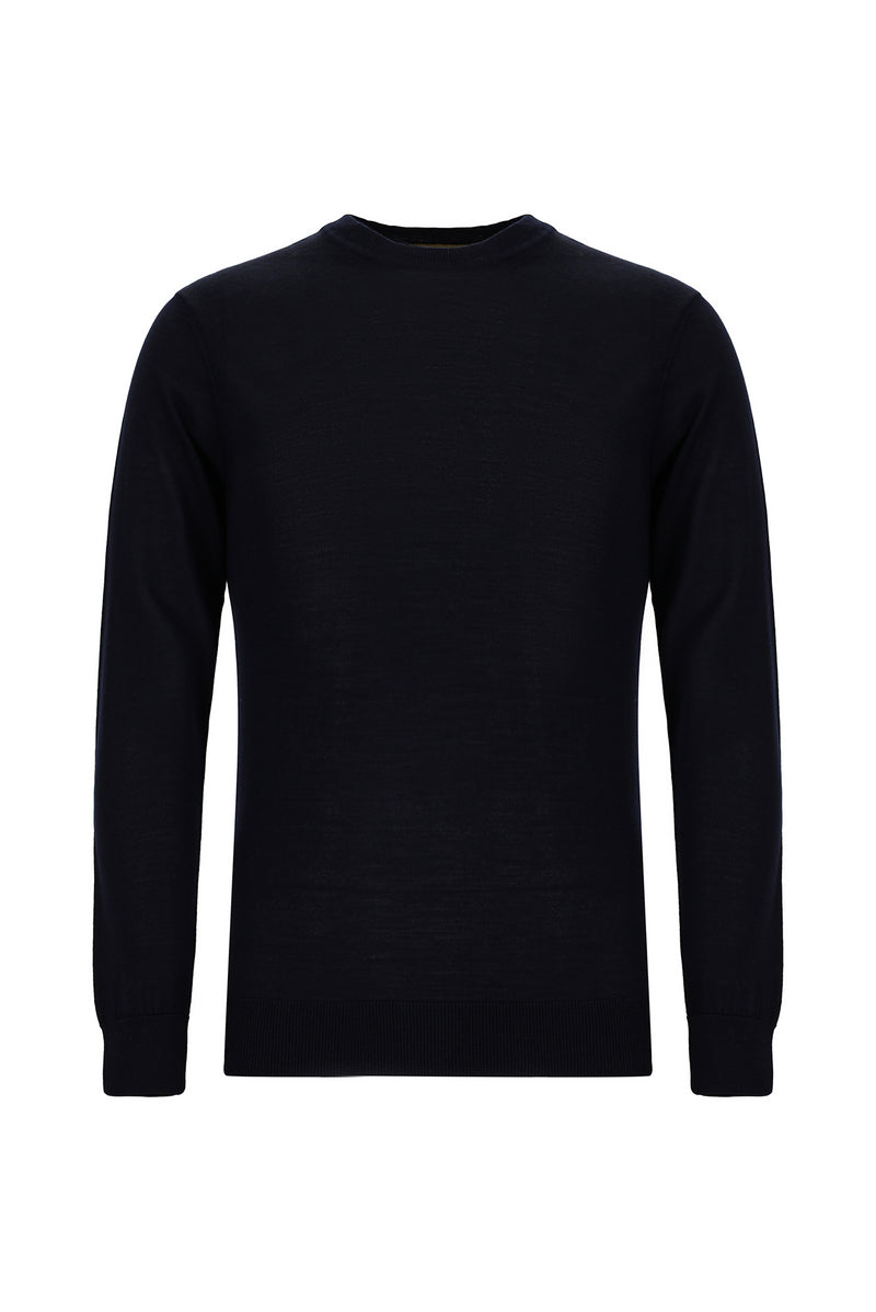 Koyu Lacivert Bisiklet Yaka Regular Fit Yünlü İtalyan Triko Kazak