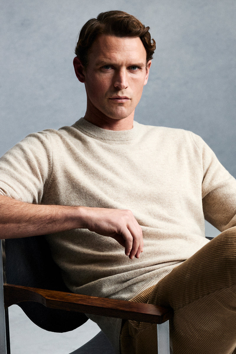 Açık Bej Bisiklet Yaka Regular Fit Yünlü Kaşmirli İtalyan Triko Kazak