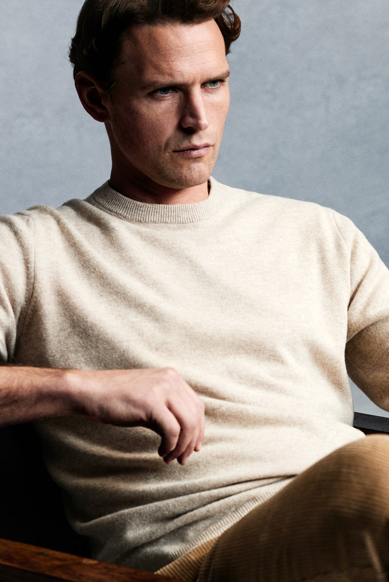 Açık Bej Bisiklet Yaka Regular Fit Yünlü Kaşmirli İtalyan Triko Kazak