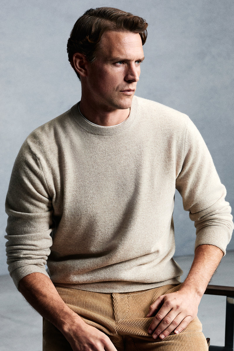 Açık Bej Bisiklet Yaka Regular Fit Yünlü Kaşmirli İtalyan Triko Kazak