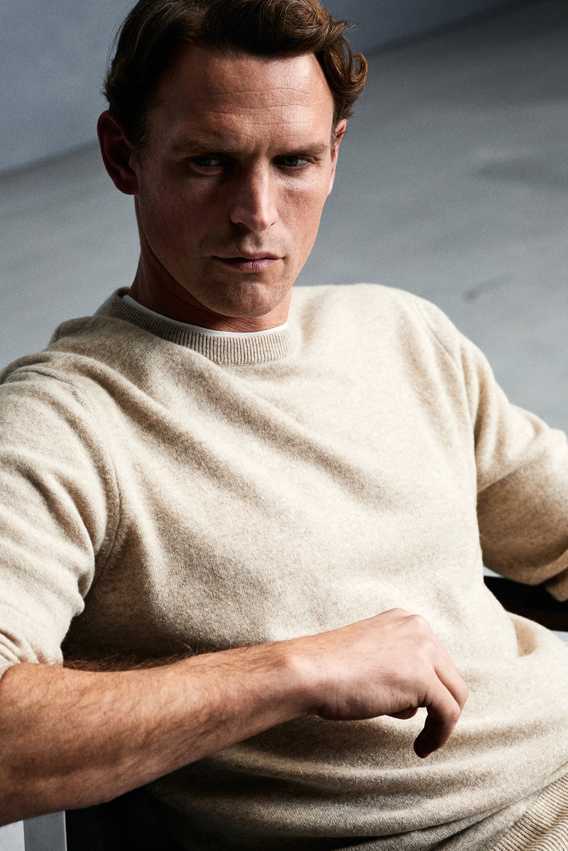 Açık Bej Bisiklet Yaka Regular Fit Yünlü Kaşmirli İtalyan Triko Kazak