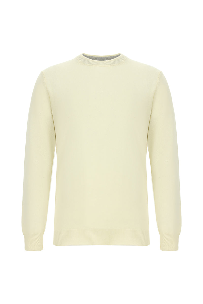 Ekru Bisiklet Yaka Regular Fit Yünlü Kaşmirli İtalyan Triko Kazak