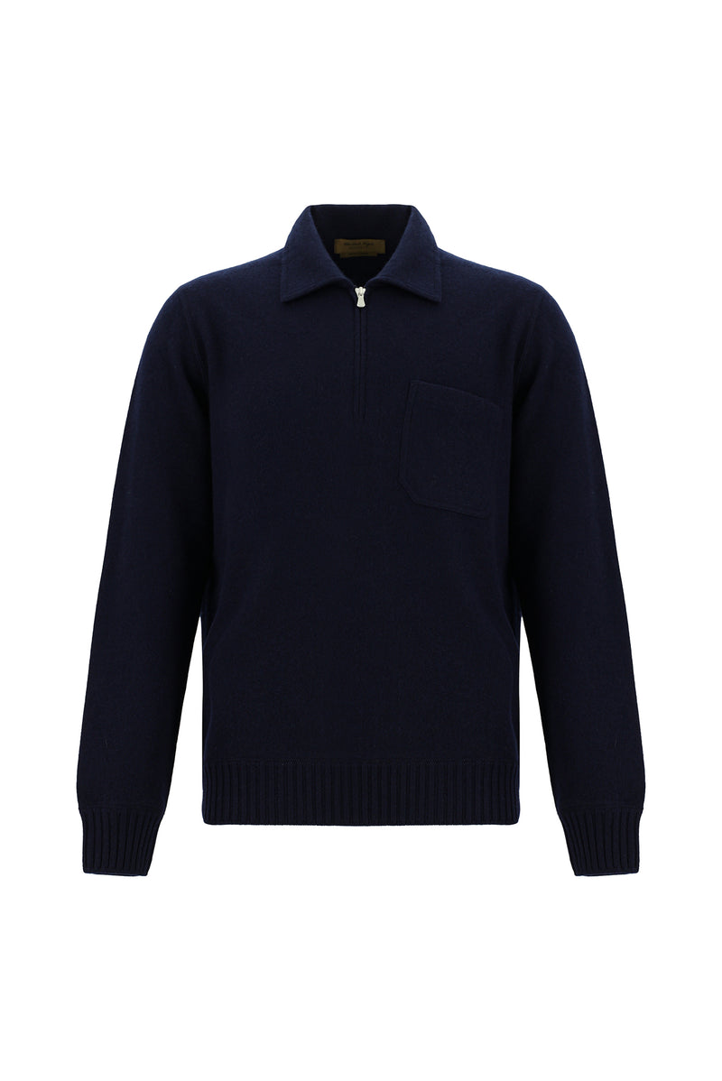 Orta Lacivert Polo Yaka Regular Fit Fermuarlı Kaşmir İtalyan Triko Kazak