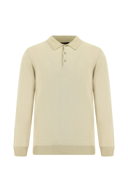 Orta Bej Polo Yaka Regular Fit Desenli Pamuklu Kaşmirli Triko Kazak