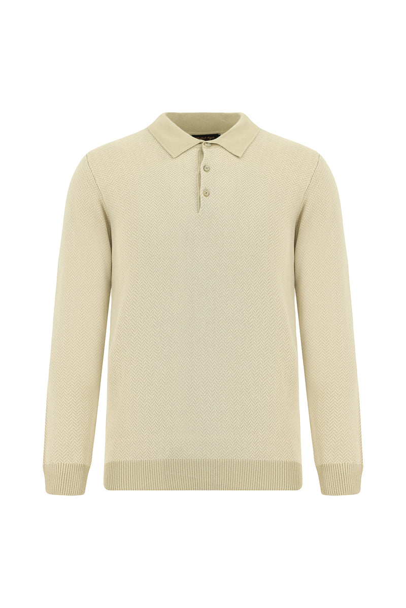 Orta Bej Polo Yaka Regular Fit Desenli Pamuklu Kaşmirli Triko Kazak