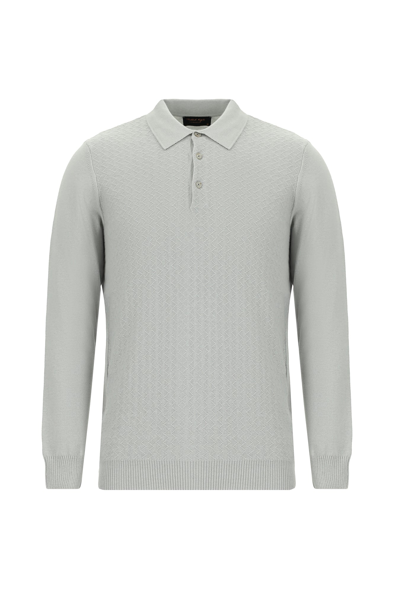 Açık Gri Melanj Polo Yaka Regular Fit Desenli Pamuklu Kaşmirli Triko Kazak